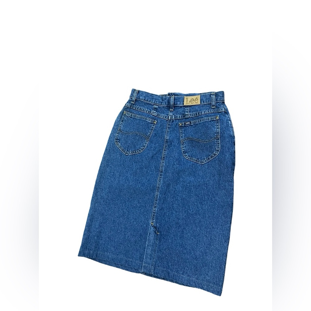 Vintage Lee MIDI Blue Wash Denim Skirt Size 12 Med Back Kick Split Made In USA